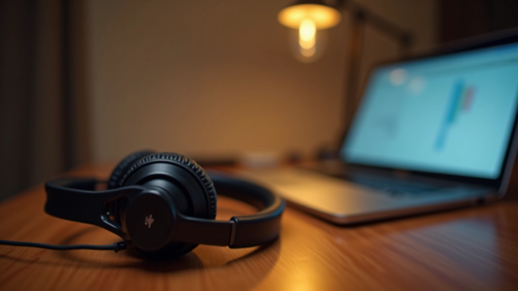 Fones de ouvido profissionais em cima de um portátil com aplicação de aprendizagem de línguas aberta, luz quente da secretária