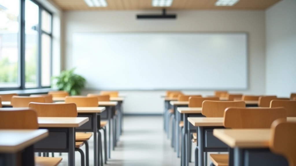 Ambiente moderno de sala de aula com quadro branco e mesas de estudo