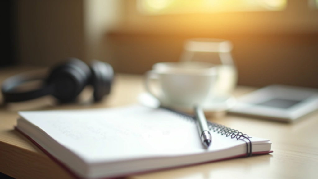 Caderno com anotações em inglês e caneta sobre mesa, ao lado de auriculares e café, luz da manhã