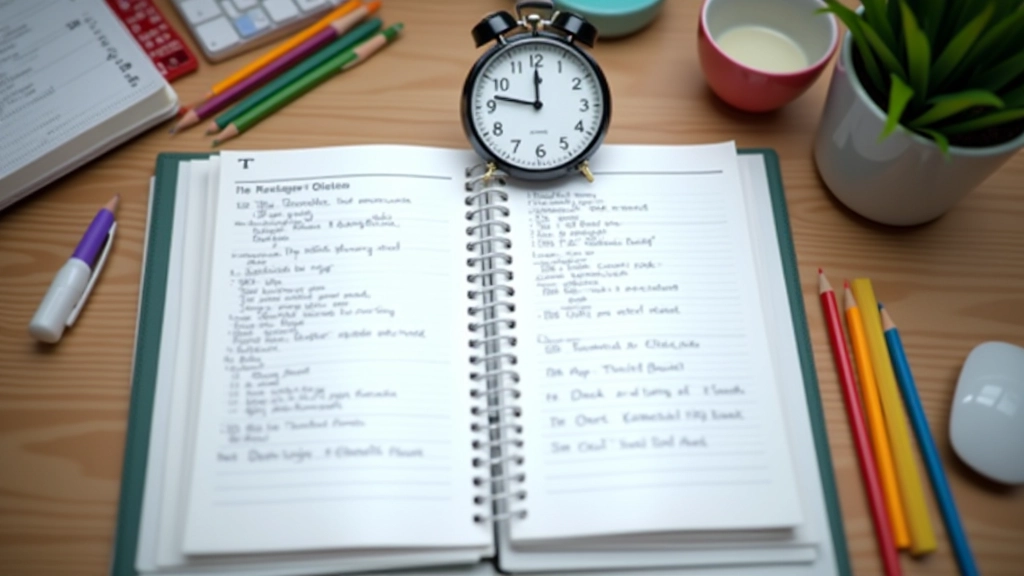 Notebook aberto com notas de preparação e cronómetro a mostrar o tempo de teste