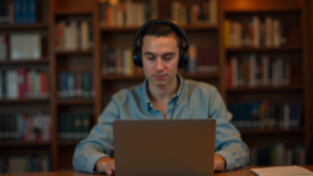 Pessoa a usar auscultadores para praticar listening com computador portátil na biblioteca