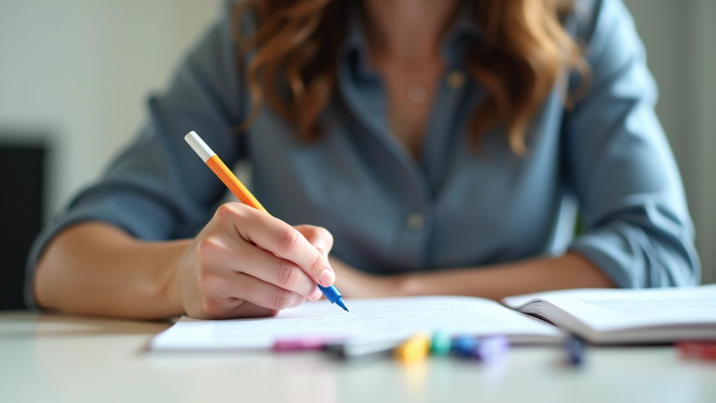 Pessoa a apontar a palavras-chave destacadas com cores diferentes num texto académico