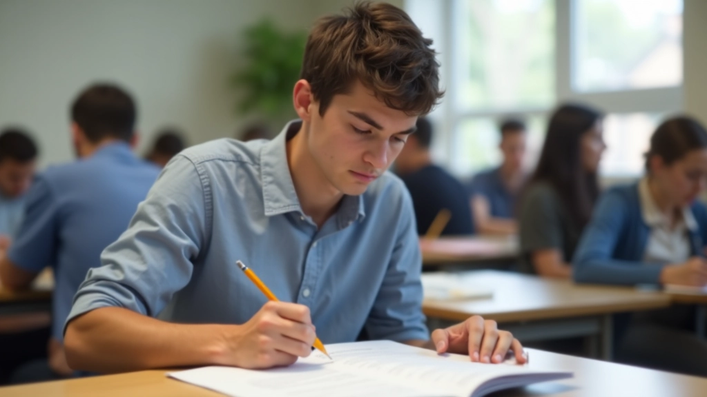 Estudante a ler atentamente o papel do exame, a sublinhar perguntas importantes