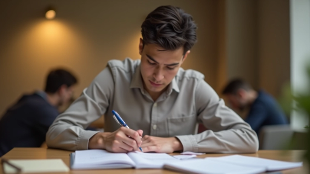 Estudante a escrever rapidamente num caderno durante prática de exame cronometrada