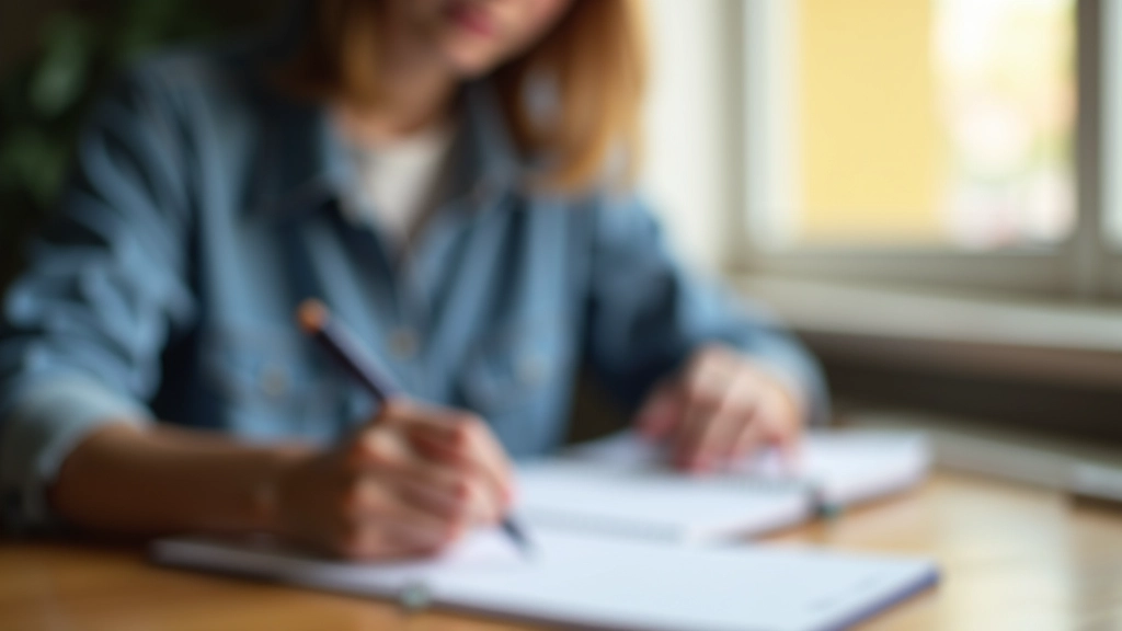 Pessoa a escrever introdução de ensaio com anotações ao lado, mesa de escritório limpa com café