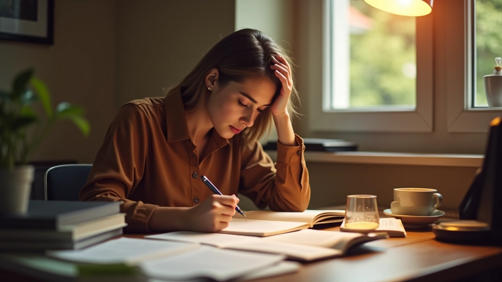 Rapariga a estudar em casa com livros de preparação para exames espalhados na mesa