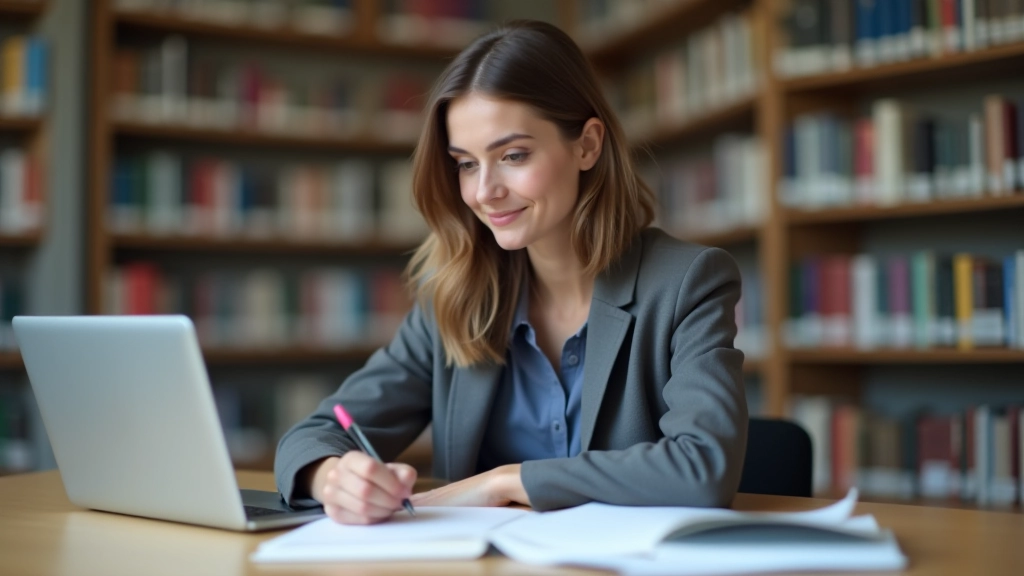 Mulher a estudar com livro de preparação para IELTS e computador portátil, tomando notas, concentração intensa, biblioteca